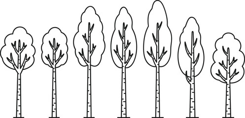 Minimal line tree set with different shapes tall trunks and foliage outline nature vector illustration collection © MdNipon
