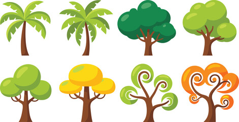 Cartoon tree collection with palm and stylized trees colorful foliage nature icons set for landscape design illustration © MdNipon