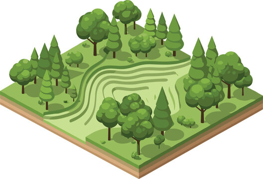 Isometric forest landscape with trees hills contour lines and water stream representing nature topography and environmental map illustration
