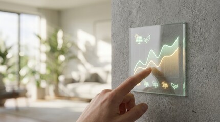 Close up of a hand touching a futuristic, borderless glass smart home panel embedded in a textured concrete wall. graphs and eco friendly solar power