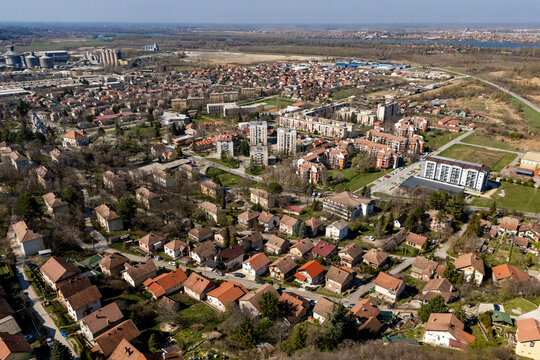 Beocin, Serbia - March 15, 2026: Aerial panorama of the town of Beocin, near Novi Sad in Serbia