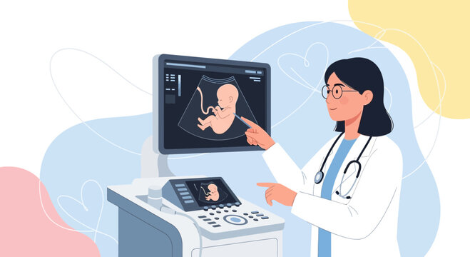 Doctor examining ultrasound of fetus on screen, medical technology, pregnancy care
