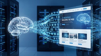 Fototapeta premium AI Web Innovation: A cutting-edge concept showcasing the fusion of artificial intelligence and website development. The image features a digital brain seamlessly interacting with a webpage.