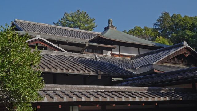 A smooth right pan across layered clay tile roofs and the elegant gables of a traditional Japanese estate against a clear sky.