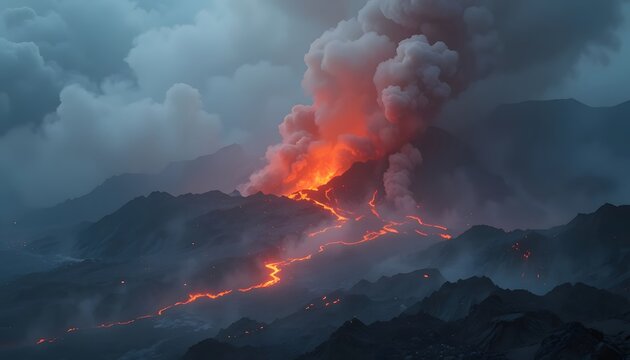 A large volcanic eruption with lava flowing down the side of a mountain