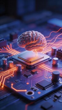 A human brain connected to a circuit board with glowing neural pathways, symbolizing artificial intelligence and brain-computer integration.