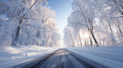 Fototapeta premium Winter season adventure exploration. A winter landscape with a snowy road winding through a forest of snowcovered trees, illuminated by the suns rays filtering through the branches.