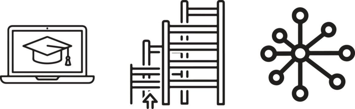 Education icons, learning symbols, graduation, online course, network connection