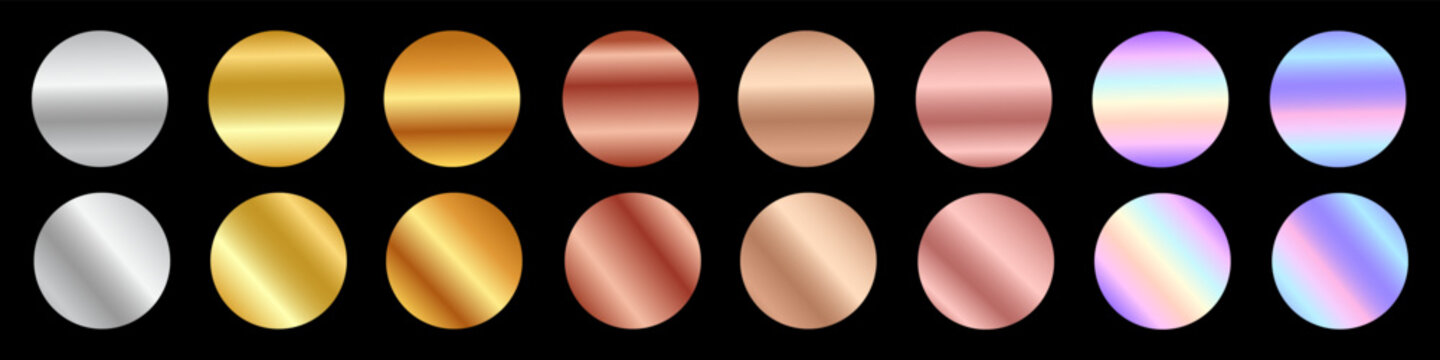 Collection of linear circle gradient swatches with silver, gold, rich copper, and soft rose gold and iridescent pastel holographic