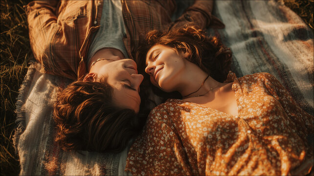 Young couple relaxing on blanket during sunset picnic in nature enjoying calm romantic moment