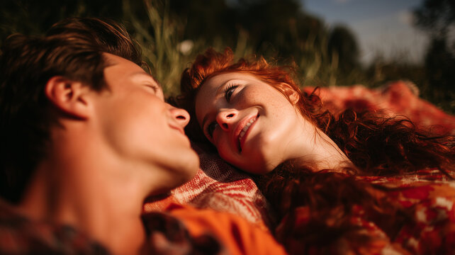 Romantic couple lying on blanket at sunset enjoying intimate peaceful picnic moment in warm golden light