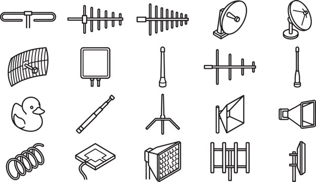 A curated illustration collection of diverse antenna designs, broadcasting the evolution of communication technology. 