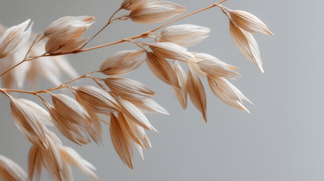 Soft beige oat heads hang delicately against a muted gray backdrop