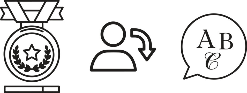 Award medal icon, user profile symbol, chat bubble label, vector graphics set