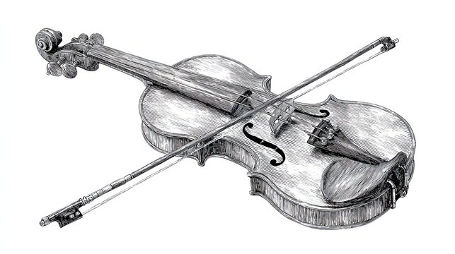Classical violin with bow detailed engraving sketch illustration of vintage string instrument