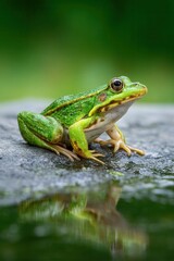 Obraz premium Green frog sitting on wet stone with reflection in water amphibian wildlife macro nature scene