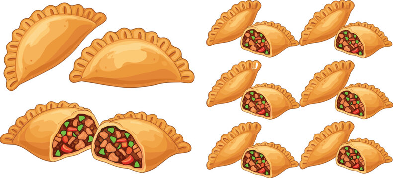 Set of Colorful Empanadas with Different Filling Options in Various Poses for Food Illustrations, Menus, and Recipes