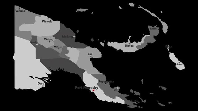 Vector map of Papua New Guinea with names of cities and with borders city