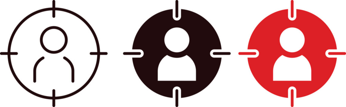 Target audience icon set with human profile silhouettes, marketing customer segmentation symbols, red and black user targeting vector graphics