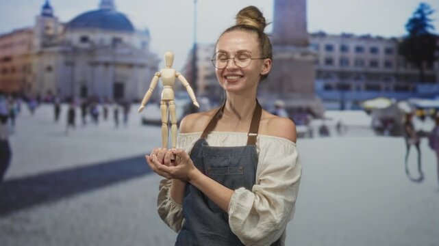 Woman holding a wooden mannequin with both hands and smiling, wearing apron and round glasses against a printed plaza backdrop in a studio; playful creativity.