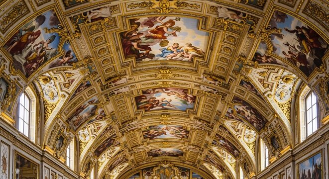 Magnificent Baroque Ceiling Fresco in a Grand European Palace Hall.