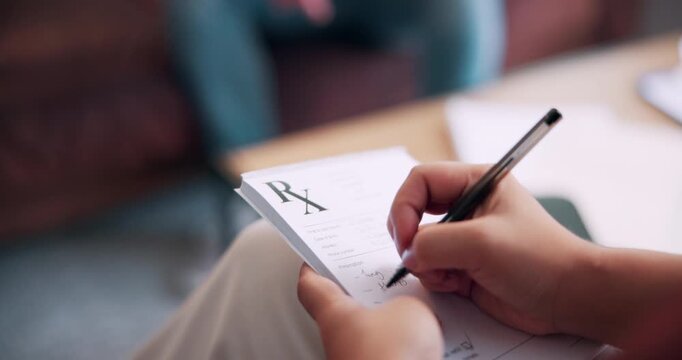 Person, hands and therapist writing with prescription for health diagnosis or consultation in home. Psychologist, counseling or taking notes with checklist for patient condition or results in house