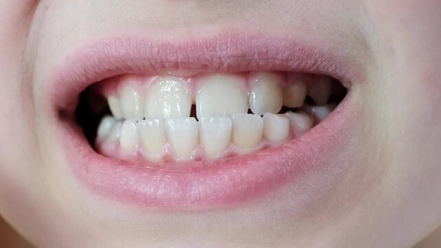 Mesial occlusion. Close-up childs mouth with clean white molars teeth with gap and healthy gums. Ten year age caucasian kid with closely spaced teeth. Upper teeth behind lower. Plaque on enamel. 4K.