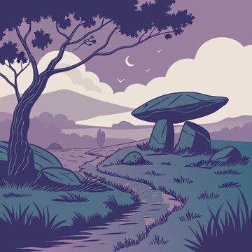 A purple illustration of a tree and a dolmen on a hill