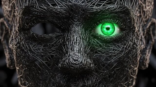 Mysterious Dark Figure with Glowing Green Eyes: A Haunting Visage of Wire and Light
