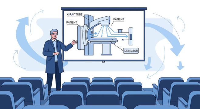 Doctor Explains X-Ray Machine Diagram in Classroom Presentation
