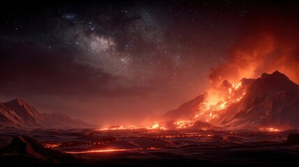 Obraz premium A breathtaking digital artwork of a volcanic landscape at night, illuminated by the milky way and stars in the sky. Mountains are engulfed in flames, and the ground is visible beneath them.
