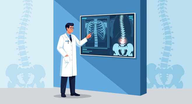 Doctor Explains Spine X-ray to Patient, Medical Diagnosis and Healthcare Concept