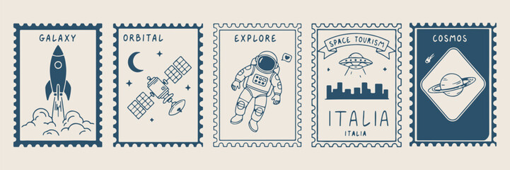 Space exploration stamps, astronaut cosmic sketches, galaxy travel borders, planetary mission doodles, outer space icons, whimsical science graphics, futuristic mail elements   © Geetaroy