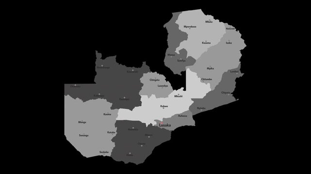 Vector map of Zambia with names of cities and with borders city