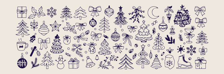 blue ink Christmas doodles pattern, hand drawn winter holiday elements, set of simple nature and decorative icons, pine trees and stars, reindeer and snowflakes, seamless vector design, cozy festive s © Geetaroy