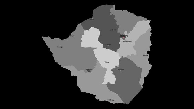 Vector map of Zimbabwe with names of cities and with borders city