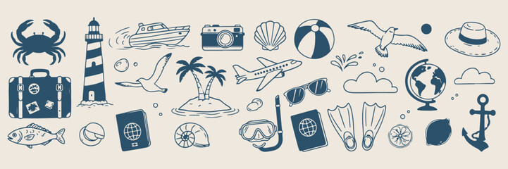 summer travel and vacation doodles, hand drawn beach and airplane icons, set of simple blue line art symbols, island and palm tree sketches, wanderlust graphics, vector adventure elements, world map a © Geetaroy