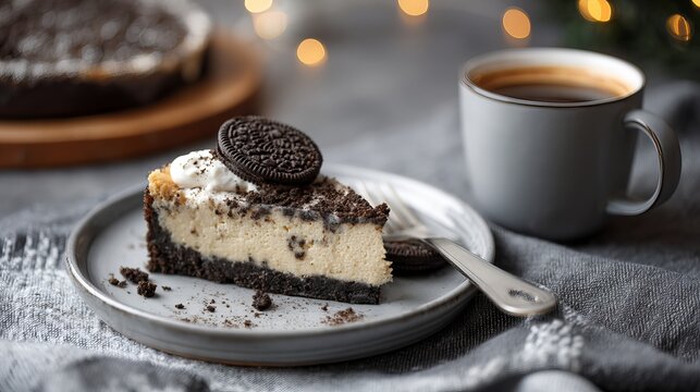 A slice of Oreo cheesecake on a plate with a cup of coffee in the background.