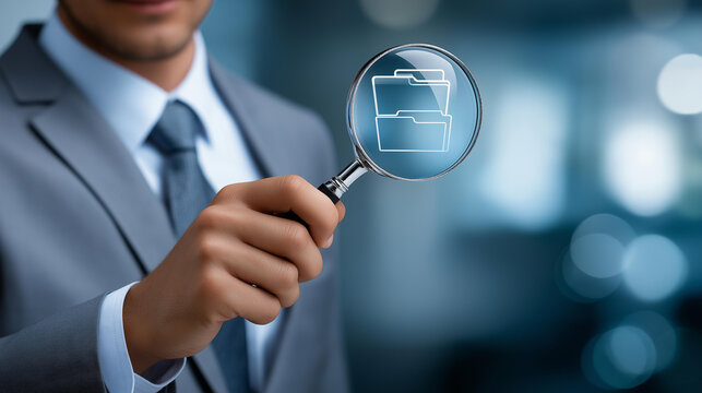 Businessman searching for business documents and files in a document management system, magnifying folder icons concept, defocused background, with copy space