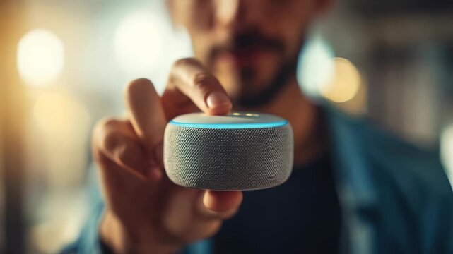 Close up of a person using a wireless smart speaker with voice control technology, set against a blurred background. The illuminated device highlights innovation and connectivity