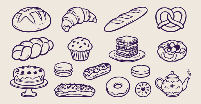 Home bakery pastry doodles, hand drawn cupcake and muffin sketches, artisanal bread shop icons, sweet dessert treat elements, whimsical kitchen baking clip art, bakery menu sticker set, gourmet pastry