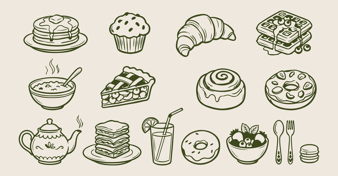 Sweet dessert pastry doodles, hand drawn cupcake and muffin, bakery sugar treat sketches, cafe coffee break icons, cinnamon roll dessert elements, donut and pie stickers, afternoon snack line art