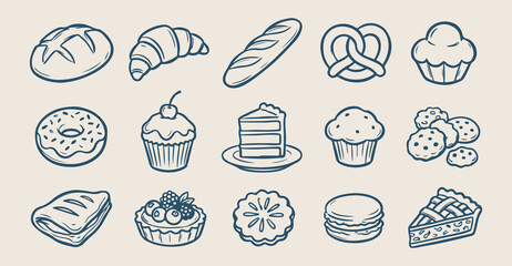 French bakery bread doodles, hand drawn croissant and baguette, artisanal pastry shop sketches, morning breakfast carb icons, cafe flour yeast elements, fresh dough sticker set, boulangerie menu line  © Geetaroy