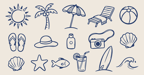 Summer beach vacation doodles, hand drawn palm tree sketches, tropical island travel icons, ocean surf lifestyle elements, whimsical seaside holiday clip art, resort sunscreen and hat stickers, shore  © Geetaroy