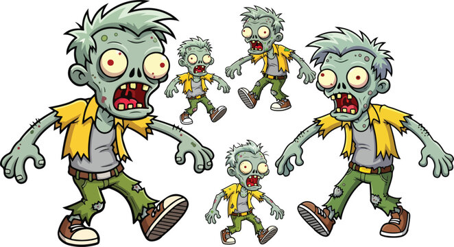 Cartoon zombie horde character set, funny undead monsters in yellow shirts and green pants, spooky halloween vector illustration collection