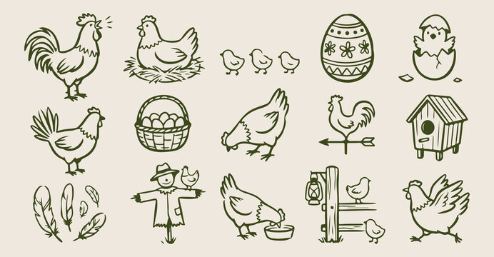 Farm life poultry doodles, hand drawn chicken and eggs, rural countryside ranch sketches, coop nesting box icons, spring chick farmstead elements, homesteading lifestyle sticker set, rooster weather v