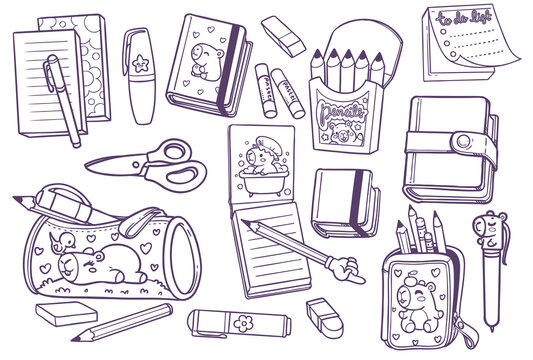 large set of stationery supplies - notepads, erasers, scissors, pencils, pens with capybara prints