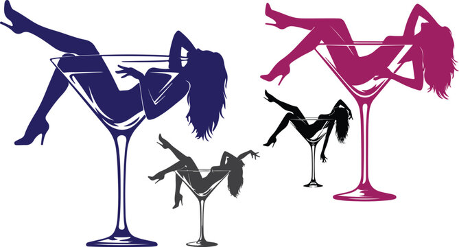 Seductive woman silhouette in martini glass vector, burlesque dancer in cocktail glass set, glamorous nightlife and party girl illustrations
