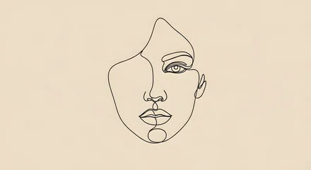 Ingelijste posters Een lijn Minimalist continuous one line drawing of a woman face, elegant female portrait vector illustration on beige background.  © Hira