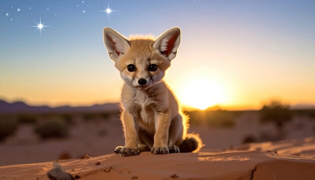 Adorable Fennec Fox Kit Sitting on Sand Dune at Sunset.